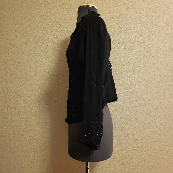 Papillon Sheer Black Beaded & Sequined Button-Up Top Size Large - Picture 2 of 13